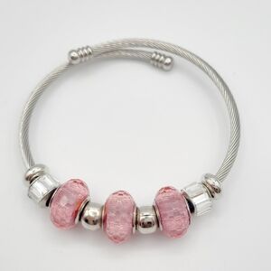Silver Tone Cable Bracelet Pink Glass European Style Beads